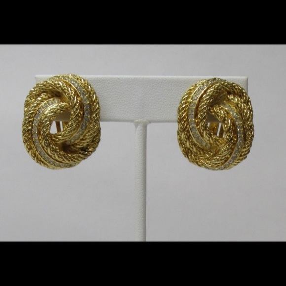 CHRISTIAN DIOR Signed Vintage Gold Tone Crystal Knot Clip-On Earrings - Picture 9 of 14